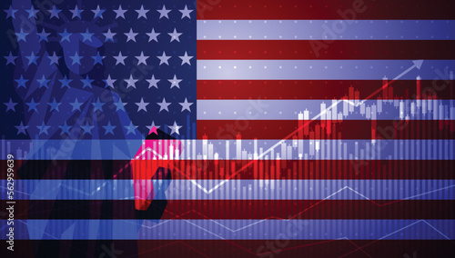 Abstract America bar chart graph, increasing values, country statistics concept, upward rising arrow on data, news banner idea with the statue of liberty.