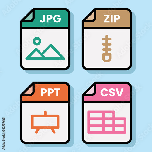Document file folder download vector color format pdf doc xls jpg zip txt png json ppt csv xml ai mp3 mp4 html psd css js