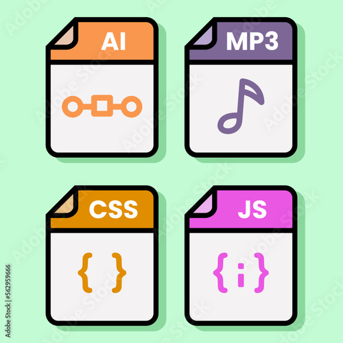 Document file folder download vector color format pdf doc xls jpg zip txt png json ppt csv xml ai mp3 mp4 html psd css js