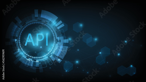 Application Programming Interface (API) on blue background. Software development tool, information technology, modern technology, internet.
