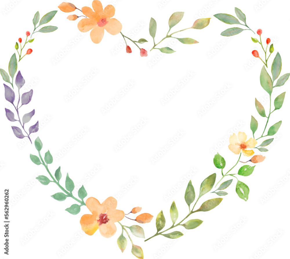 Watercolor floral wreath heart with beautiful painted flowers and leaves. Hand drawn illustration. Design for invitation, wedding or greeting cards. Vector EPS.