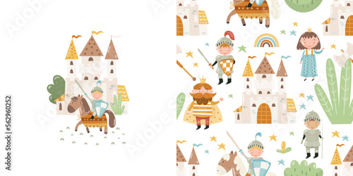 Pattern medieval castle and court life characters knight, princess, king