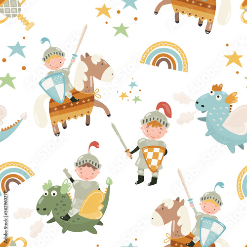 Knight with sword and shield riding a dragon and riding a horse