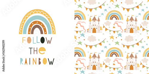 Pattern knight's castle, rainbow, stars, holiday decoration elements and poster Follow the rainbow