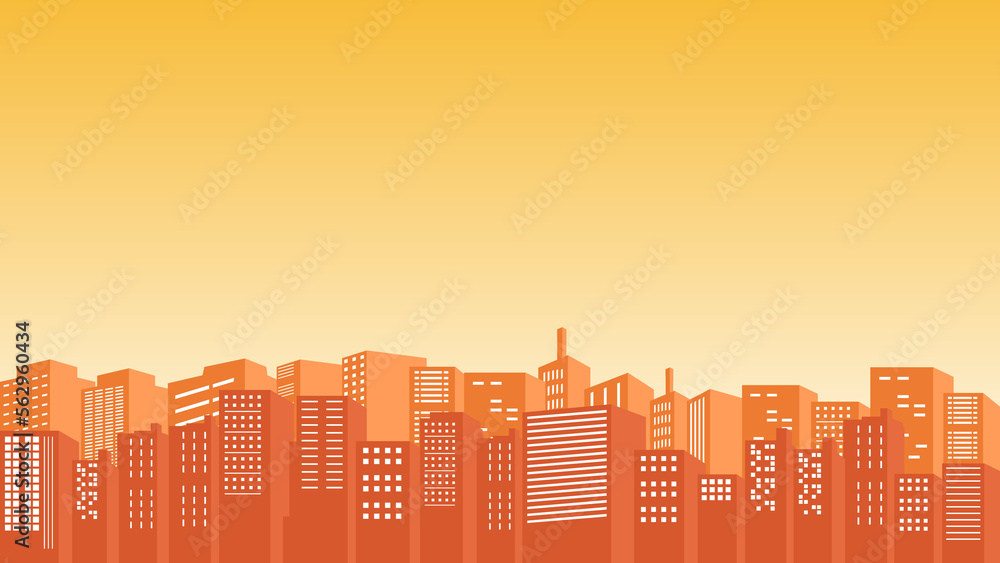 Panoramic silhouette of the city with many shopping center buildings with orange sky view