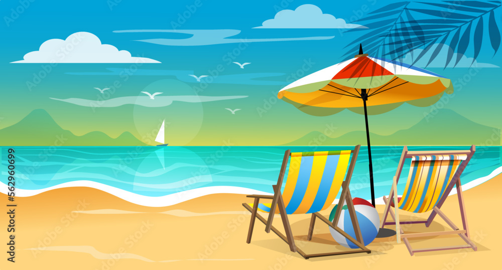 illustration flat style vacation summer holiday background of sea shore. Good sunny day. couple Deck chair and beach umbrella on the sand coast. holiday concept.