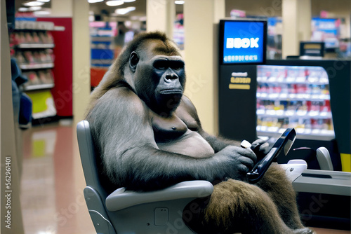 gorilla sitting on a chair in a mall created with Generative AI