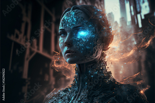 Portrait of a female cyborg robot. Concept for Artififial Intelligence. Designed using Generative A © XtravaganT