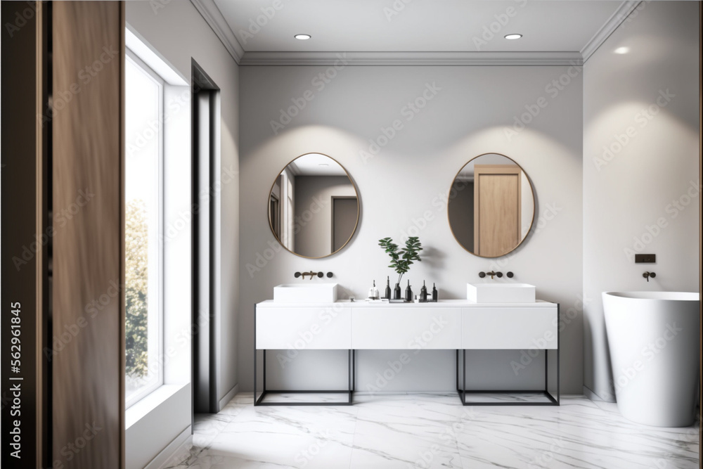 Modern bathroom interior design, Luxury yet minimalist clean, bright and hygienic spacious bathroom with shower, toilets, mirrors, bathtub and natural green plant in a hotel, apartment, or house. - obrazy, fototapety, plakaty 