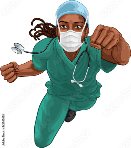 A super hero black woman doctor or nurse medical healthcare health professional in scrubs flying through the sky in a classic superhero pose
