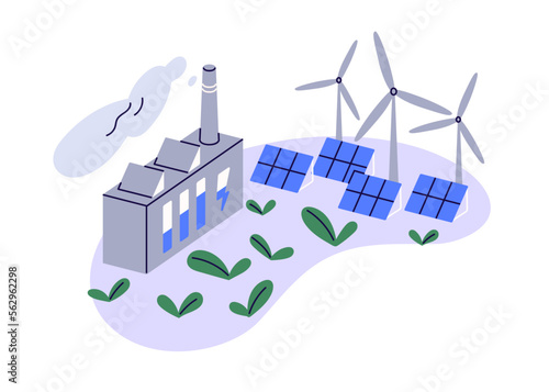 Eco green energy, sustainable electric power sources concept. Alternative renewable electricity from wind, sun. Windmills, turbines, solar panels. Flat vector illustration isolated on white background