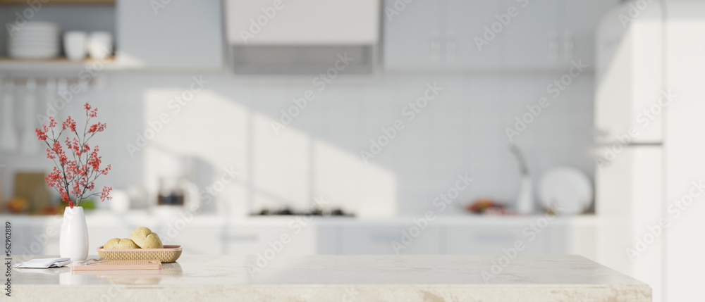 Elegance white marble tabletop with empty space over blurred modern white and clean kitchen - obrazy, fototapety, plakaty 