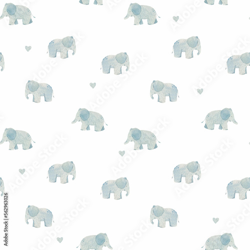 Beautiful simple seamless pattern with watercolor hand drawn cute safari elephant animal. Stock illustration. For baby. photo