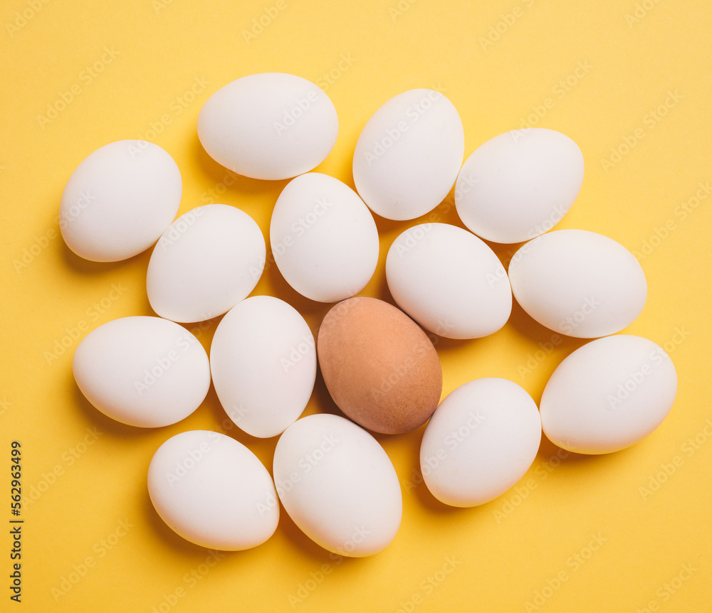White eggs with single brown egg on yellow background