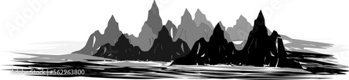 The illustrations and clipart. sunset in the desert. black and white mountain landscape.