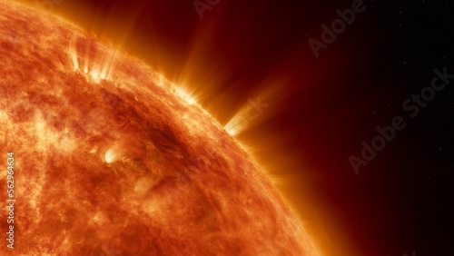 Earth's sun in deep space. Artistic concept 3D illustration as close shot of the solar surface with powerful bursting flares and star protuberances erupting with magnetic storms and plasma flashes.