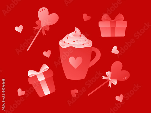 Valentine’s Day vector set in red colors. Romantic set.