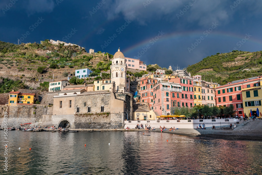 Rainbow over Cinque Terre with Vernazza village, Italy