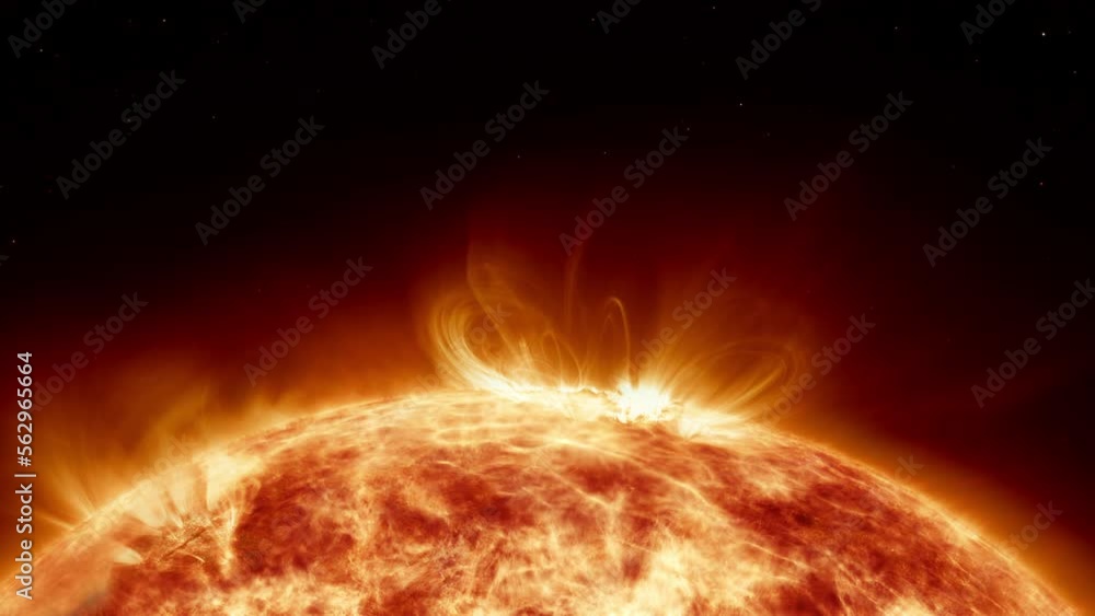 Earth's sun in outer space. Artistic Concept 3D animation as lower third shot of solar surface with powerful bursting flares and star protuberances erupting with magnetic storms and plasma flashes.