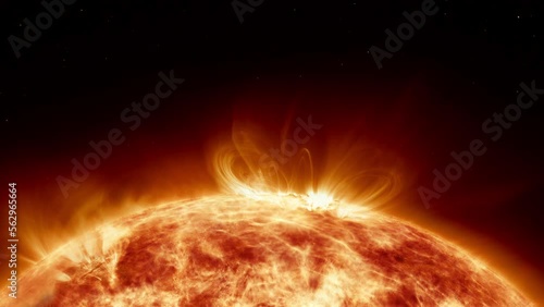 Earth's sun in outer space. Artistic Concept 3D animation as lower third shot of solar surface with powerful bursting flares and star protuberances erupting with magnetic storms and plasma flashes.