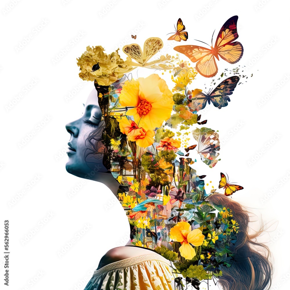 Surreal double exposure image of woman and butterflies. Great for ads ...