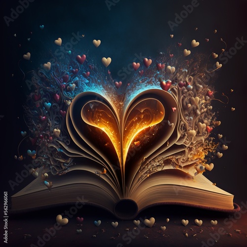 ajar open book with hearts,coming out,fantasy,literaute backgrounds  magical valentine romantic holographic futuristic visual effect black background