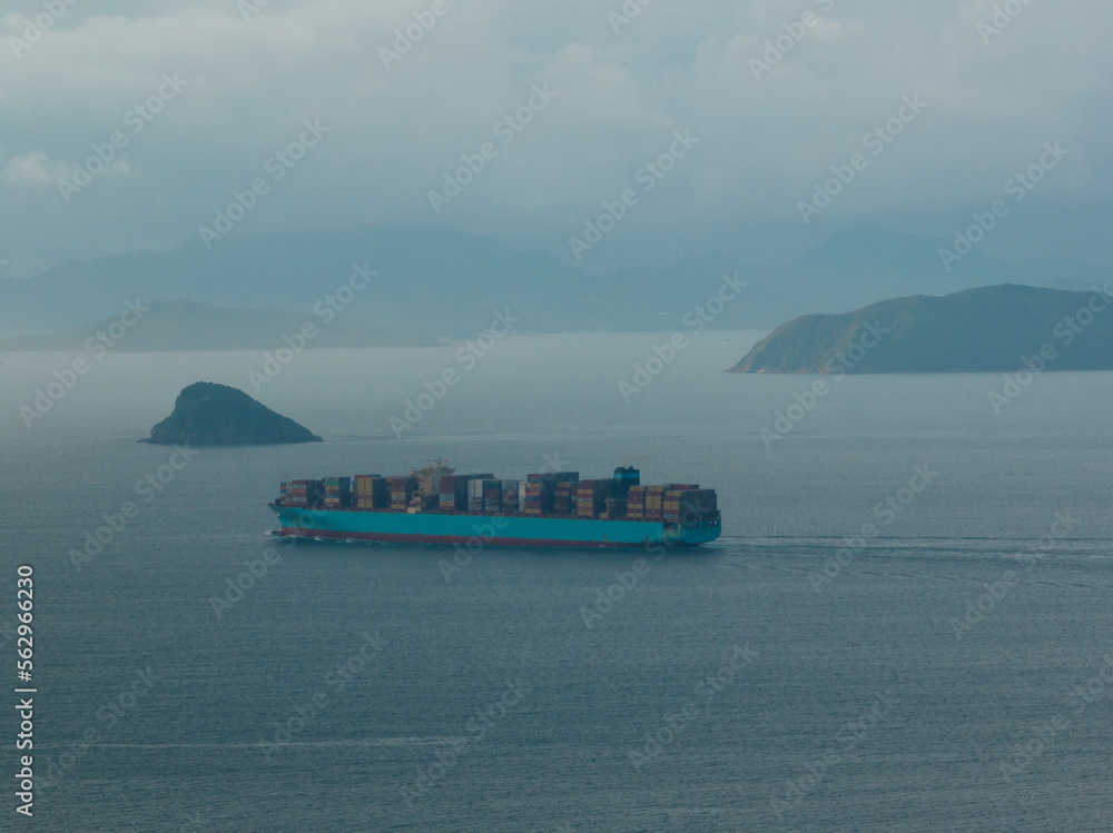 Aerial view of sea freight ship sailing in Shenzhen city, China