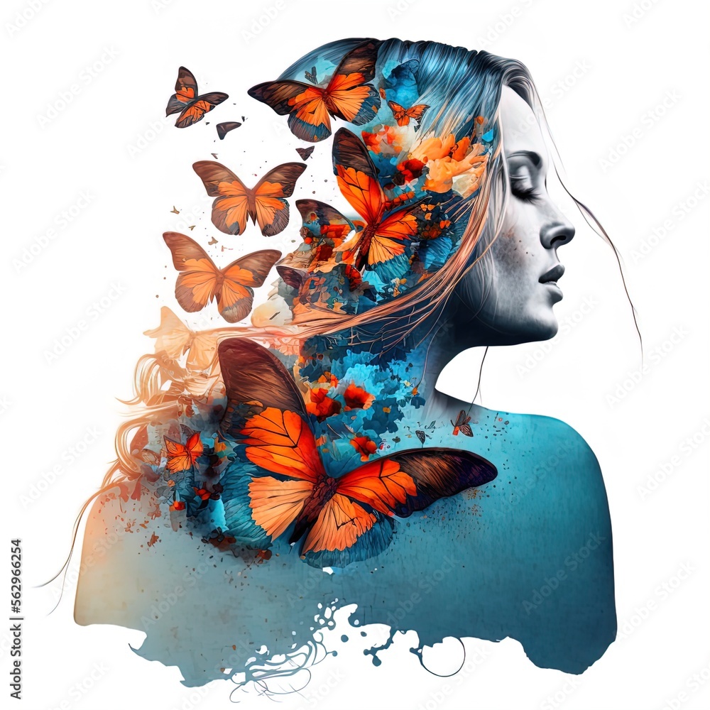 Surreal double exposure image of woman and butterflies. Great for ads ...