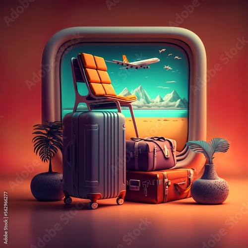 travel, airport, suitcases, tourism rest and relaxation 3d render summer vacation free time tower goods and chattels,airport security  security clouds airplane go  #562966277