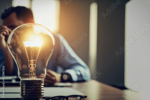 Crop close up of businessman sit at desk with light bulb inspired by innovative business idea, male boss or director motivated, innovation, energy save concept (ai generated)