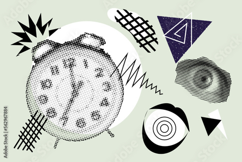 Fashion art collage with alarm clock, lips and eye in pop art style with levitating objects. Contemporary art poster. Amazing punk minimalism.