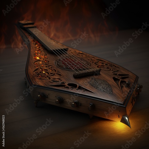 in dark, burn dulcimer instrumental music with black background  photo