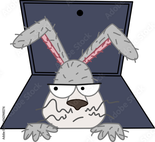 The hare looks out of the bunker incredulously. Vector illustration in doodle style. The symbol of 2023.