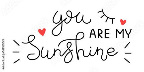 Vector Valentines day handwritten lettering phrase. You are my sunshine text. Romantic quotes for greeting cards, banners and other design. Love and romance.