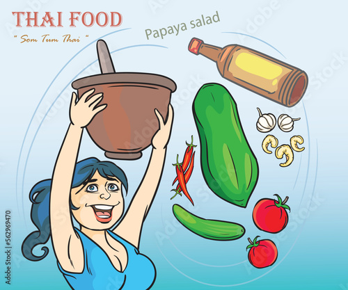 Woman lifting a mortar, papaya salad cooking equipment with her two hands. Pop art retro illustration comic Style Vector, Separate images of people from the background.