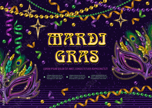 Horizontal carnaval poster with masquerade masks, golden stars, confetti, beads, streamer, spiral ribbons, text. Design for Mardi Gras carnival, party. Detailed illustration