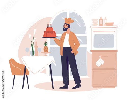 Confectioner, cook, cake, pastries. A male confectioner brings out a birthday cake. Festive table, kitchen. Concept. Vector image.