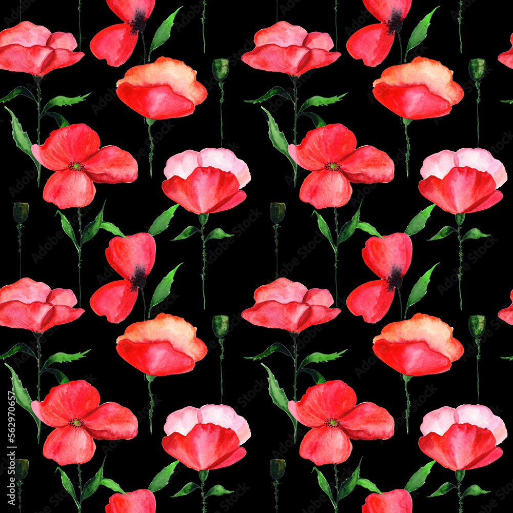 Watercolor red poppy in a seamless pattern. Can be used as fabric, wallpaper, wrap.
Watercolor red poppy in a seamless pattern. Can be used as fabric, wallpaper, wrap.