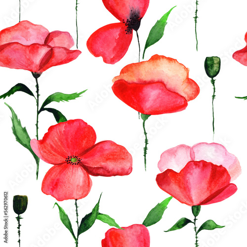  Watercolor red poppy in a seamless pattern. Can be used as fabric  wallpaper  wrap.