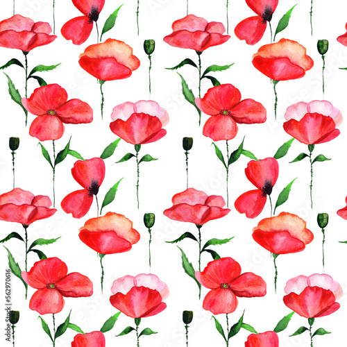 Watercolor red poppy in a seamless pattern. Can be used as fabric  wallpaper  wrap.