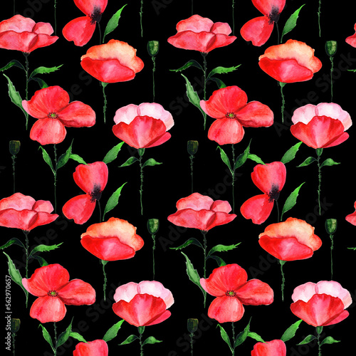  Watercolor red poppy in a seamless pattern. Can be used as fabric  wallpaper  wrap.