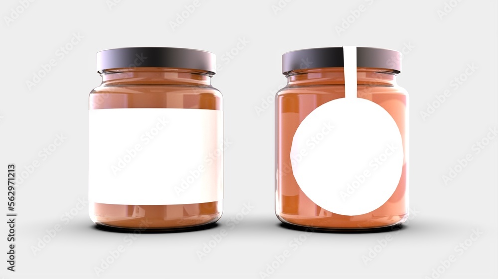Honey glass jar mockup product design concept with clean white label in two rectangle and circle style isolated on white solid background front camera 3d rendering image Honey glass jar mockup product design concept with clean white label in two rectangle and circle style isolated on white solid background front camera 3d rendering image
