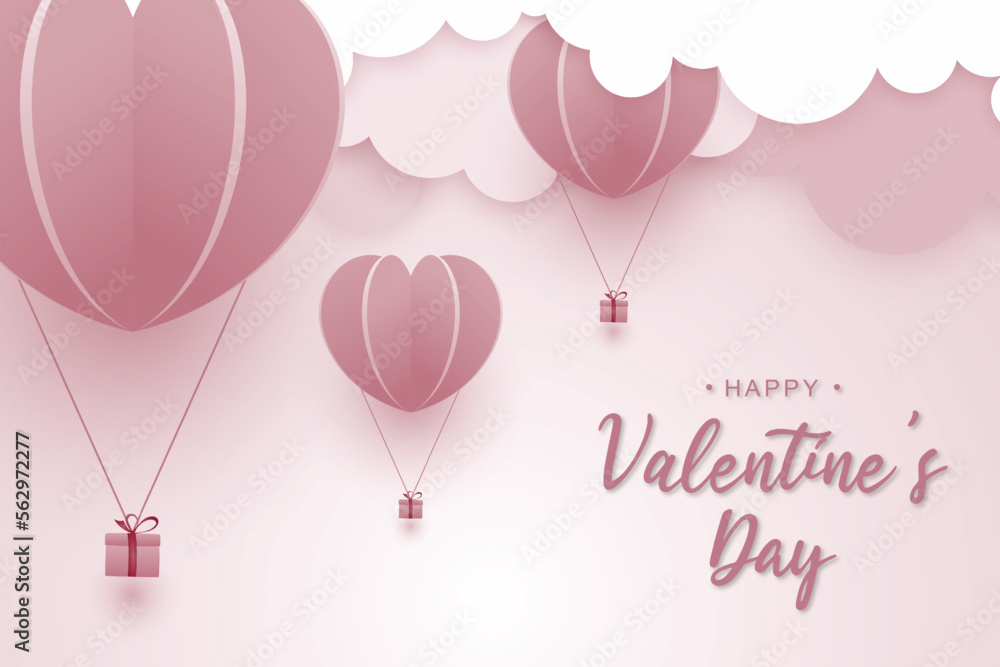 Valentines day background with balloons and gift box. Paper art style. Vector illustration.