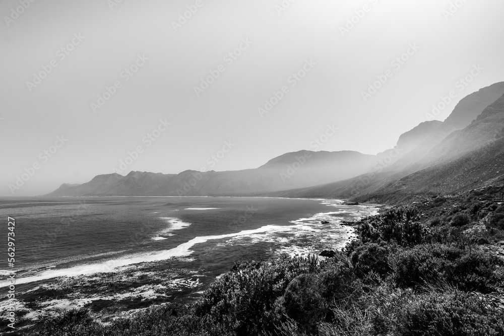 black and white picture of the mountains with sea near Cape Town, South Africa 