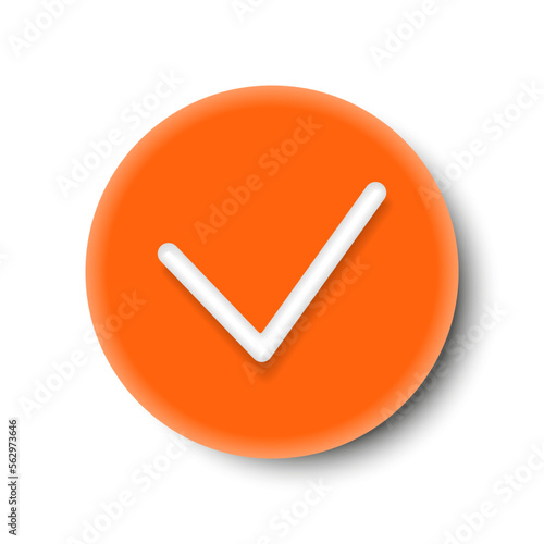 Orange check mark round button isolated on a white background. 3d rendering