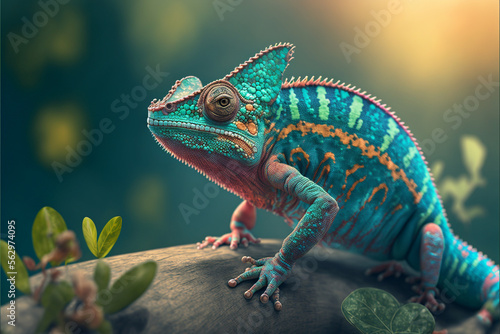 Incredibly cute colorful chameleon lizard with changing colors. Exotic wild lizard or reptile. Ai generated.