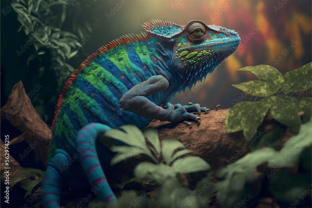 Fototapeta premium Incredibly cute colorful chameleon lizard with changing colors. Exotic wild lizard or reptile. Ai generated.