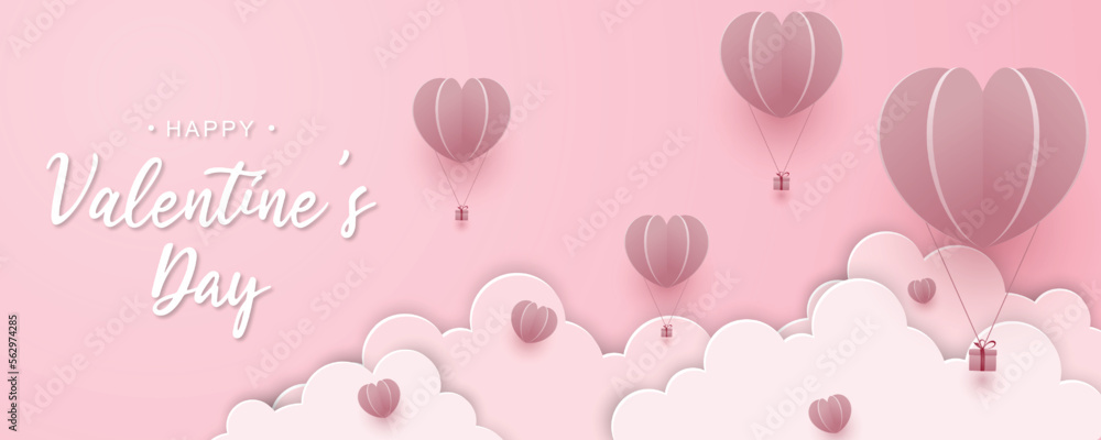 Happy Valentines Day background with paper cut pink hearts and clouds. Paper art style. Vector illustration.