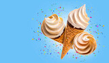 Three waffle cones with ice cream on a blue background.