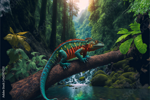 Incredibly cute colorful chameleon lizard with changing colors. Exotic wild lizard or reptile. Ai generated. © dragomirescu
